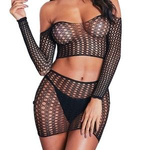 Fishnet Long Sleeve Crop Top‎ Skirt Set New